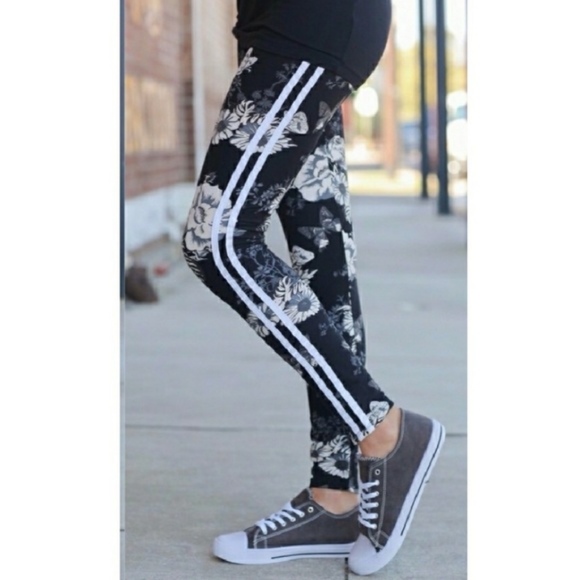 Best Selling Black White Floral Striped Leggings - Picture 2 of 2